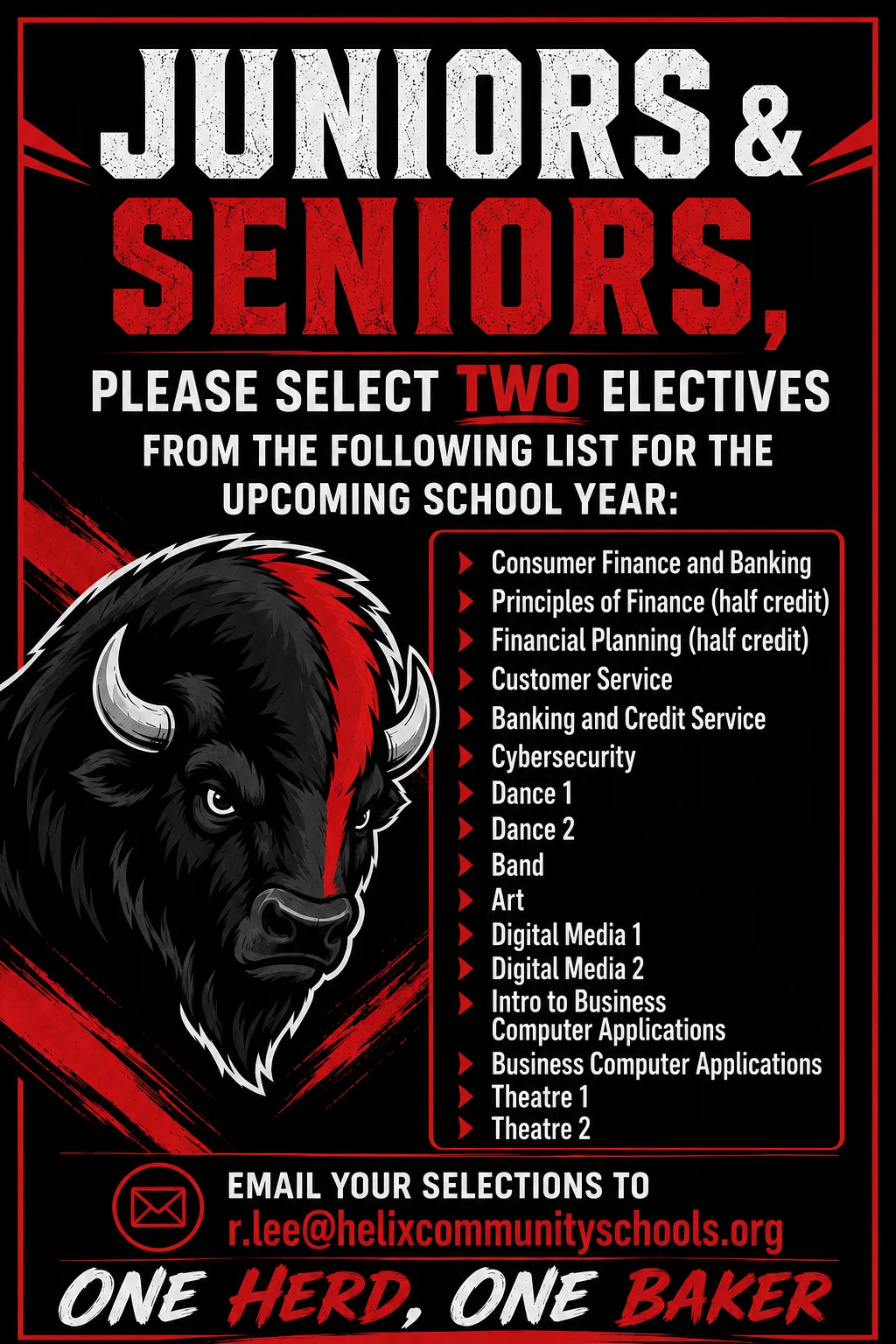 a graphic of the juniors and seniors selection list for Baker High School in 2026-2027 school year